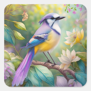 Sticker Carré Oiseau de fantaisie Geai Violet Touffeté