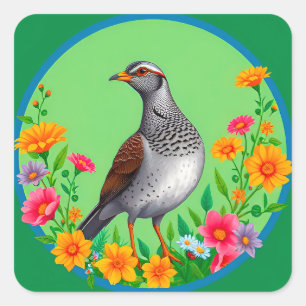 Sticker Carré 🐦 Oiseau de jardin fleuri Coloré Floral Vert