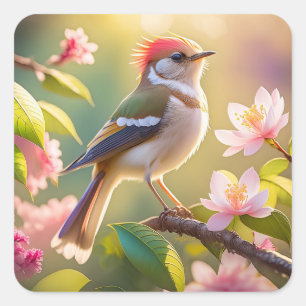 Sticker Carré Oiseau de Paruline Imaginaire à tête rouge