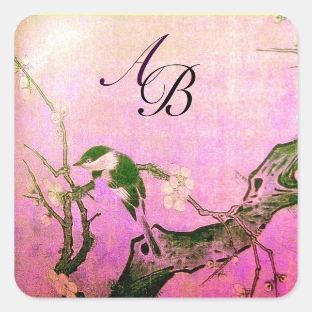 STICKER CARRÉ OISEAU DE PRINTEMPS ET MONOGRAMME D'ARBRE FLEURIER (Devant)