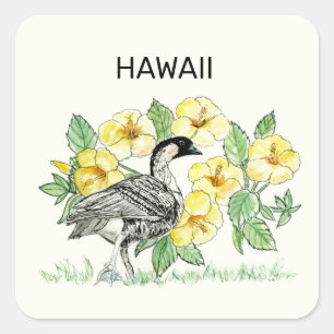 Sticker Carré Oiseau d'État d'Hawaii et fleurs
