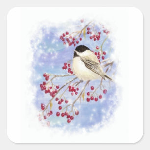 Sticker Carré Oiseau d'hiver par la fenêtre de Milou. Scène de