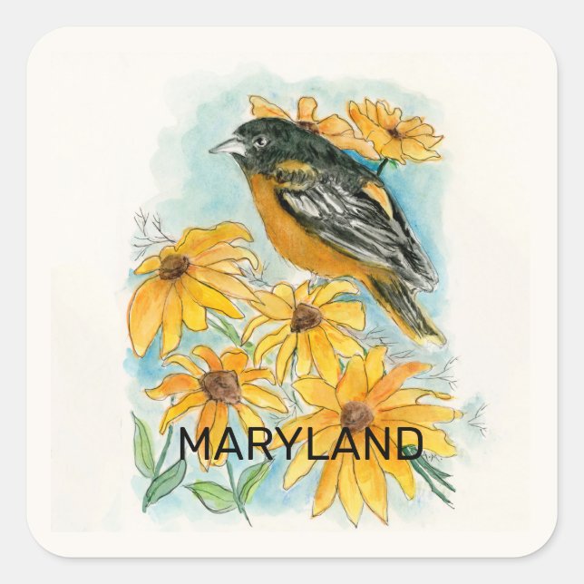 Sticker Carré Oiseau du Maryland et fleurs (Devant)