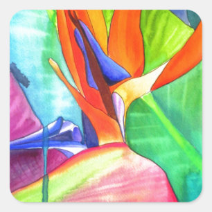 Sticker Carré Oiseau du Paradis Strelitzia fleur art tropical