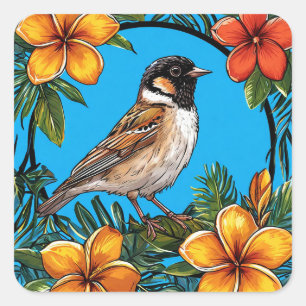 Sticker Carré Oiseau encadré par des fleurs vibrantes