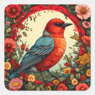 Sticker Carré Oiseau encadré par des fleurs vibrantes