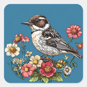 Sticker Carré Oiseau encadré par des fleurs vibrantes