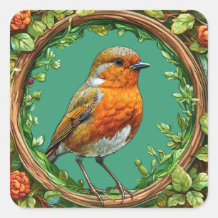 Sticker Carré Oiseau encadré par des fleurs vibrantes