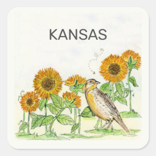 Sticker Carré Oiseau et fleur de l'État du Kansas