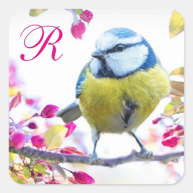 Sticker Carré Oiseau et fleurs roses Monogramme (Devant)