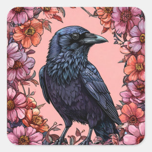 Sticker Carré 🖤 Oiseau sombre floral corbeau vibrant