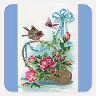 Sticker Carré Oiseau vintage Et Fleurs