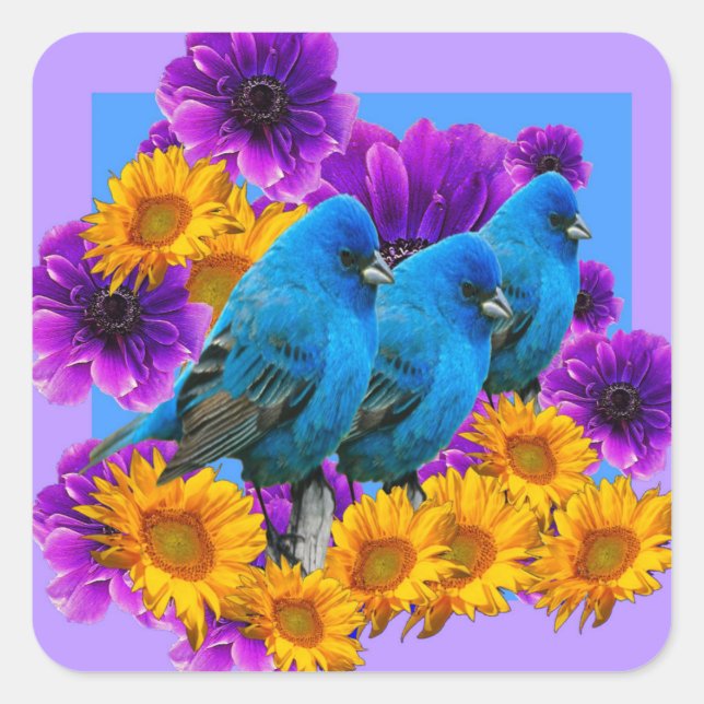 STICKER CARRÉ OISEAUX BLEU FLEURS BLEU ART (Devant)