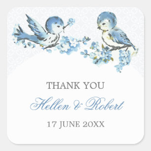 Sticker Carré Oiseaux bleus vintages Mariage d'hiver Merci Favor
