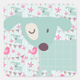 Sticker Carré Oiseaux, Chiens, Bannières, Fleurs