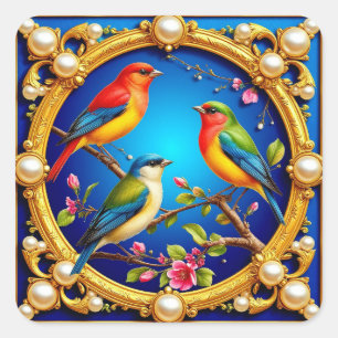 Sticker Carré Oiseaux colorés dans un cadre doré orné