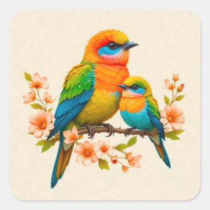 Sticker Carré Oiseaux Colorés sur une Branche Cadeau de Faune Jo