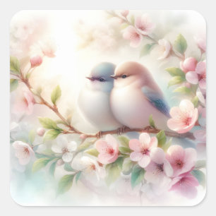 Sticker Carré Oiseaux d'amour de printemps Fleur de cerisier Flo