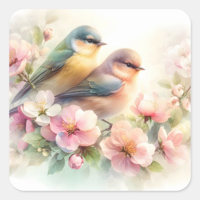 Sticker Carré Oiseaux de l'amour doux pastel de printemps Fleurs (Devant)
