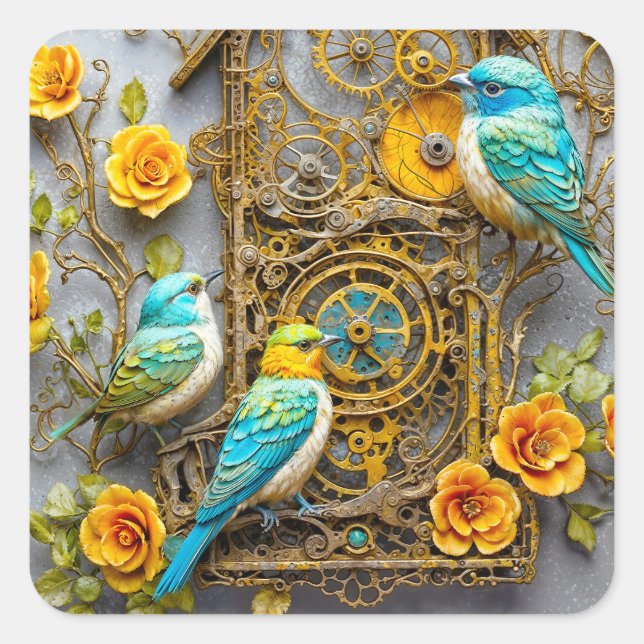 Sticker Carré Oiseaux de Steampunk aux roses d'or (Devant)
