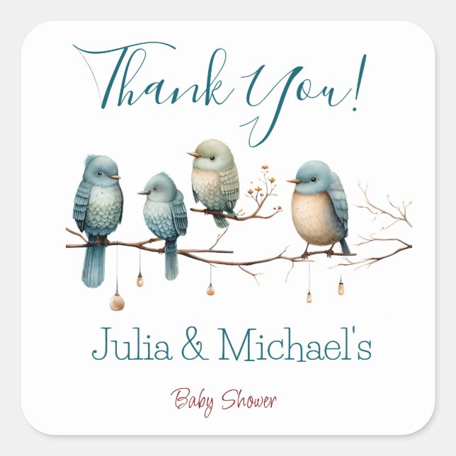 Sticker Carré Oiseaux de Whimsical sur Branches Baby shower Past (Devant)