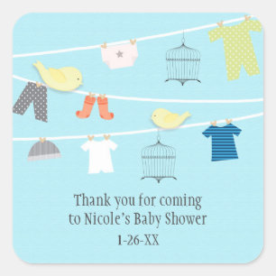 Sticker Carré Oiseaux et vêtements sur fil Baby shower Favoriser