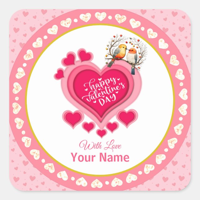 Sticker Carré Oiseaux romantiques sur une branche Saint-Valentin (Devant)