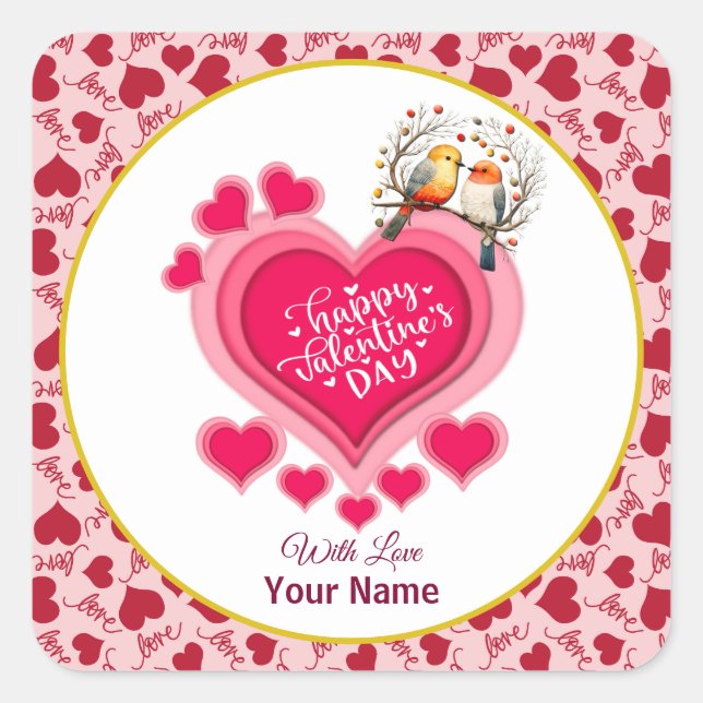 Sticker Carré Oiseaux romantiques sur une branche Saint-Valentin (Devant)