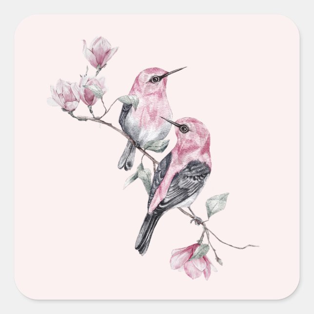 Sticker Carré Oiseaux roses et noirs sur une branche d'arbre (Devant)