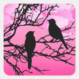 Sticker Carré Oiseaux sur une branche, Noir contre Aube Rose