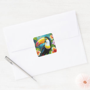 Sticker Carré Oiseaux tropicaux du Toucan et fleurs d'Hibiscus c