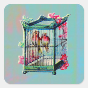 Sticker Carré Oiseaux vintages et cage d'oiseaux