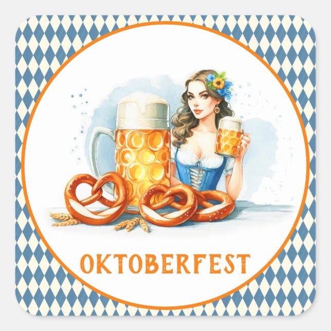 Sticker Carré Oktoberfest Party Avec Bière Et Pretzels ai (Devant)