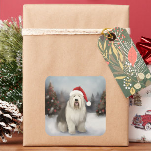 Sticker Carré Old English Sheepdog en Noël de neige