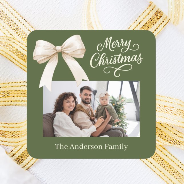Sticker Carré Olive green cream bow photo script Noël (Créateur téléchargé)