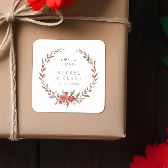 Sticker Carré Olive Green Floral Hearts Romantic Wedding Wreath (Olive Green Floral & Hearts Romantic Wedding Garland Square Stickers.)