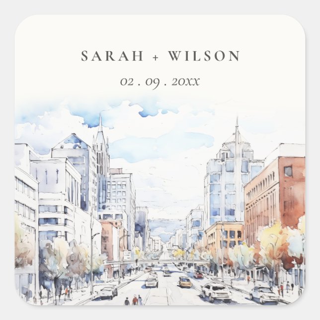 Sticker Carré Omaha Nebraska Watercolor Landscape Wedding (Devant)