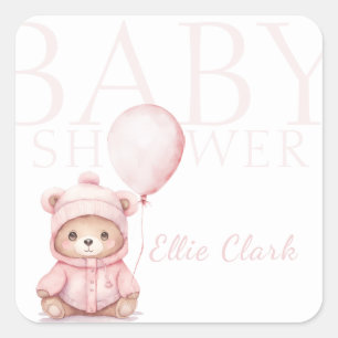 Sticker Carré On peut attendre le Baby shower d'ours rose