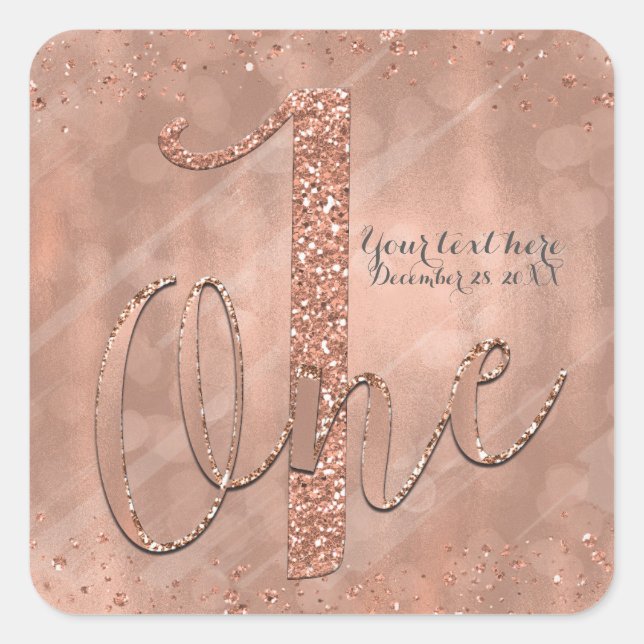 Sticker Carré ONE 1er anniversaire Faux Rose Gold Parties scinti (Devant)