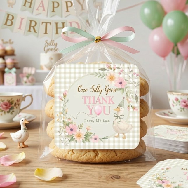 Sticker Carré One Silly Goose Gingham Floral Thank You (Créateur téléchargé)