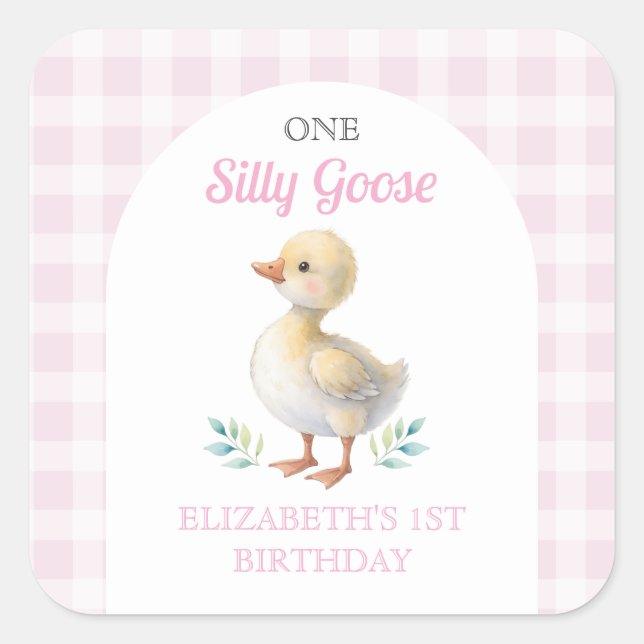 Sticker Carré One Silly Goose Pink Gingham Girl First Birthday (Devant)
