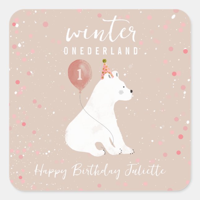 Sticker Carré Onederland Pink Polar Bear 1er anniversaire (Devant)