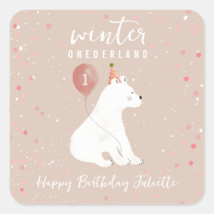 Sticker Carré Onederland Pink Polar Bear 1er anniversaire