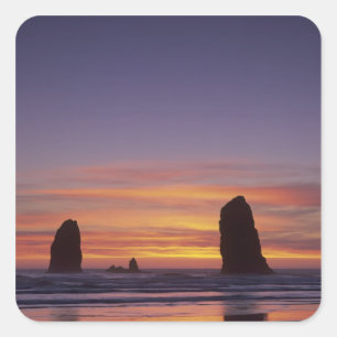 Sticker Carré OR, côte de l'Oregon, Cannon Beach, piles de mer à