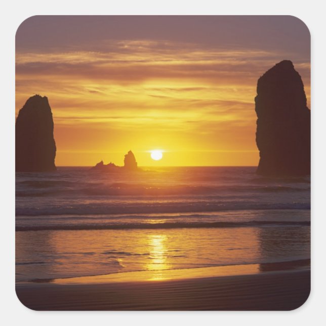 Sticker Carré OR, côte de l'Oregon, Cannon Beach, stacks à 2 (Devant)