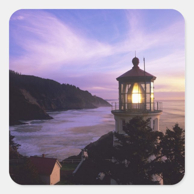 Sticker Carré OR, côte de l'Oregon, phare de Heceta Head, sur (Devant)