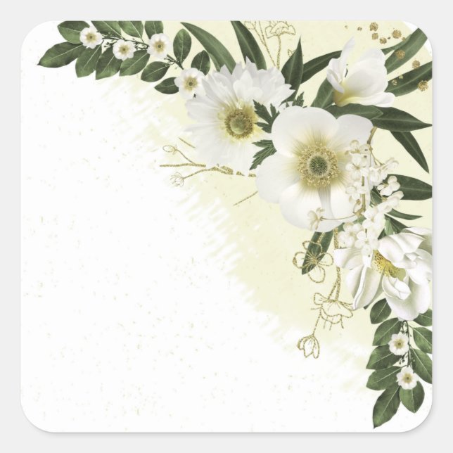 Sticker Carré or et fleurs blanches verdure mariage (Devant)