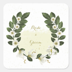 Sticker Carré or et fleurs blanches verdure mariage de couronne