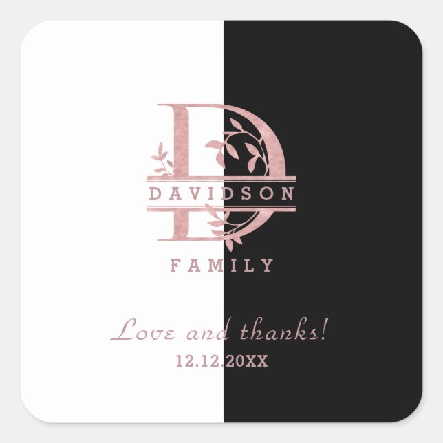 Sticker Carré Or rose moderne personnalisé avec monogramme décou (Devant)