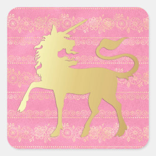 Sticker Carré Or & Rose Motif Bohème & Licorne
